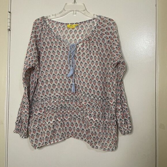 Roller Rabbit Red floral cotton knit lightweight tassle tie blouse top L - Picture 1 of 6